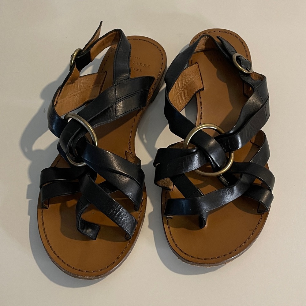 Sezane Olympe Low Sandals Black Leather Strappy Flat Slides Size 38 - Picture 3 of 9